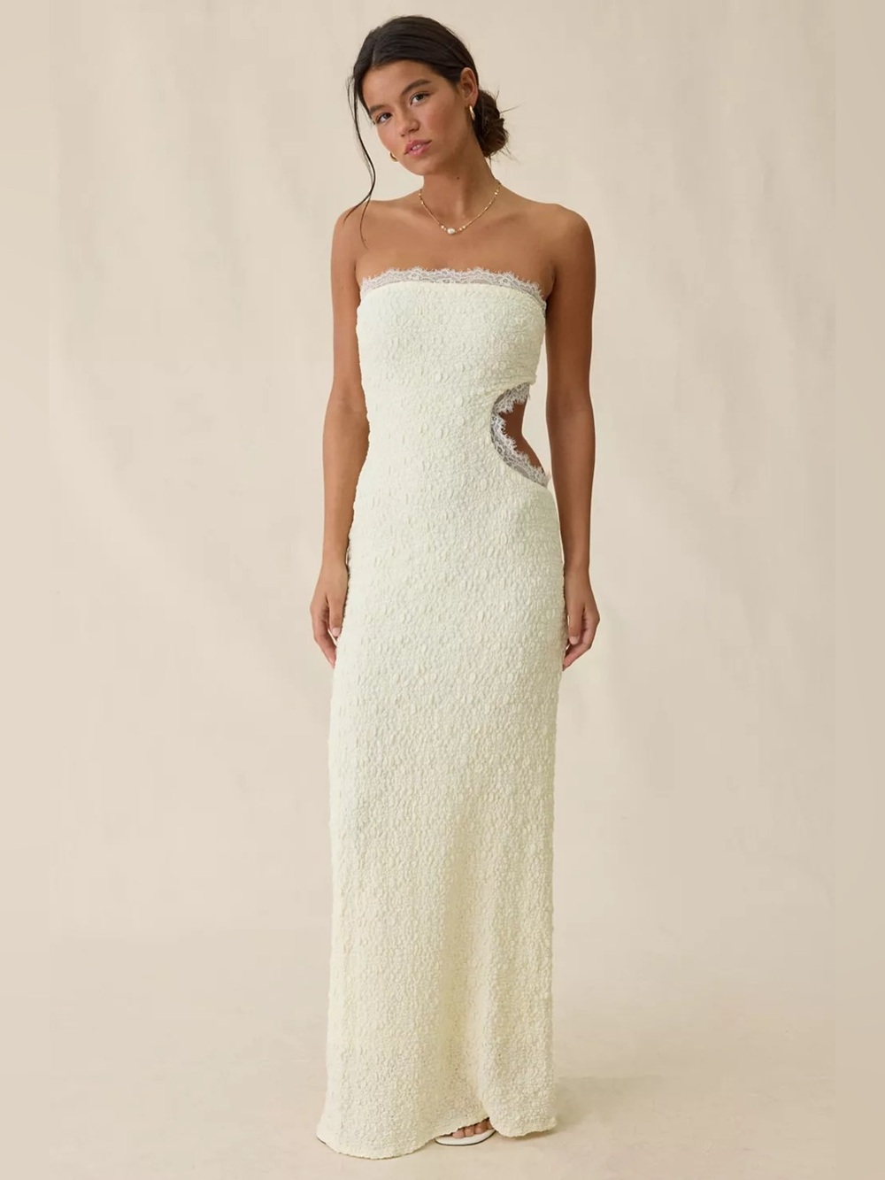UO Sea Nymph Asymmetric Cutout Strapless Lace Maxi Dress